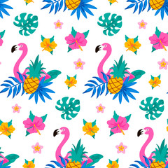 Fototapeta na wymiar Hand drawn tropical seamless pattern with flamingo, palm tree, monstera leaves and pineapple on white background. Vector illustration