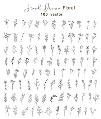 Set of vector vintage floral and leaves, hand drawn style,Decoration elements for design invitation, wedding cards, valentines day, greeting cards, vector illustration