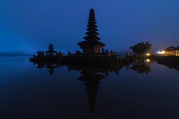 Beautiful view of reflection of Pura Ulun Danu Bratan at dawn in Bali, Indonesia.