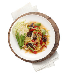 Spicy crab papaya salad, Sea crab Somtum Salad, Thai food on White background