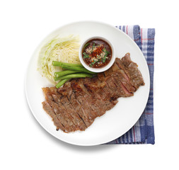 thai beef steak with spicy dip on white background