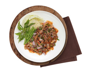 thai spicy beef salad on white background