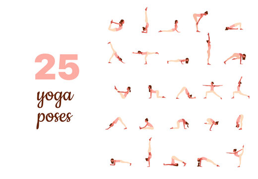 Big set of tiny women performing yoga poses. Women practicing asanas and pelvic floor exercises. Flat cartoon vector illustration isolated on white background. 