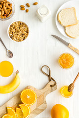 Breakfast with granola mockup on white background top-down copy space