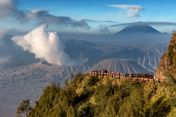 Beautiful view of travellers with Bromo volcano in Java, Indonesia.