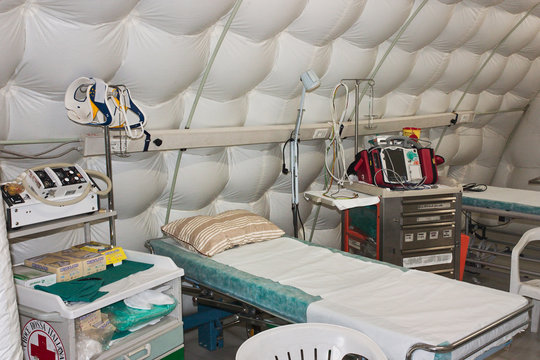 first aid tent of field hospital unit of Italian red cross exposed during Fiera di San Rocco, on November 6, 2011 in Faenza, RA, Italy