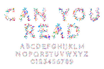 Vector illustration. Font with circles of different colors in the shape of atoms and molecules. Letters and numbers for design promotions, sale banners. Hard to read text. Blurred color script