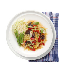 Spicy crab papaya salad, Sea crab Somtum Salad, Thai food on White background