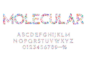 Vector illustration. Abstract structured font. Polygonal concept. Triangles with circles of different colors in the form of atoms and molecules. Letters and numbers for design promotions, sale banners