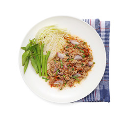 thai spicy beef salad on white background
