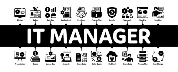 It Manager Developer Minimal Infographic Web Banner Vector. It Manager Badge And Binary Code, Web Site Development And Programming Illustrations