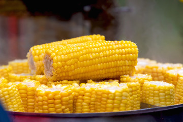 A close view of the homemade Golden corn cob on the table. Delicious and healthy food close-up.