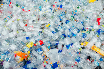 Many plastic bottles are waiting for recycling.