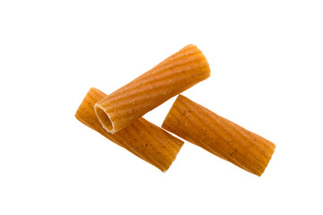Tot view of tortiglioni grooved helical tube pasta isolated on white