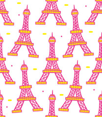 Fototapeta premium Illustration of Eiffel Tower seamless pattern on white background. Paris icons and travels with flat design style.
