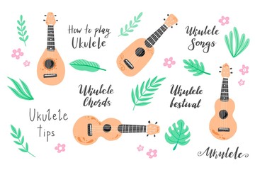 Set of cartoon ukulele with lettering text for ukulele course, channel, logo design. Small guitar with tropic leaf, floral decoration of hawaii style. Vector illuatration of hand drawn style.