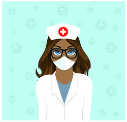 Nurse with mask against coronavirus. Medical precaution concept. Vector illustration flat design of a nurse.