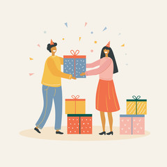 Man gives girl a birthday present vector illustration
