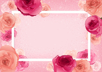 Floral Greeting Card Happy Mother's Day or Happy Birthday with Roses on Pastel Pink Background with Glitter Effect - Colored Illustration, Vector