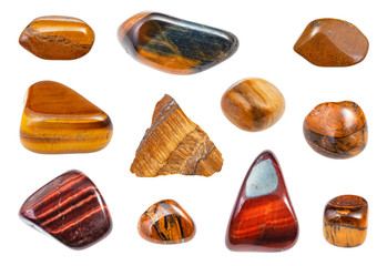 set of various Tiger's eye gemstones isolated