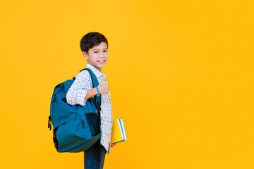 Smiling handsome mixed race schoolboy with books and backpack giving thumbs up isolated on yellow background with copy space - Powered by Adobe