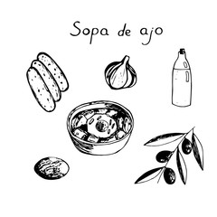 Set of garlic soup and ingredients, lettering in spanish, bread, garlic, olive oil, olive sprig, egg, vector illustration