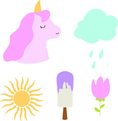 Unicorn Set Cute Flower Ice Cream Cloud Sun Childrens Vector Illustration