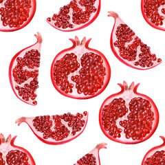Watercolor pomegranate pattern. Elements on white background.  Illustration for menu, catalog,...