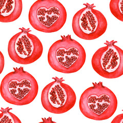 Watercolor pomegranate seamless pattern. Elements on white background.  Illustration for menu, catalog, restaurant, cartoon, game, kitchen, textile, decor.