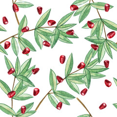 Watercolor pomegranate seamless pattern. Elements on white background.  Illustration for menu, catalog, restaurant, cartoon, game, kitchen, textile, decor.