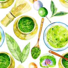 Seamless watercolor pattern with matcha tea