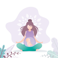 Beauty pregnant woman sitting in lotus yoga pose. Soft prenatal yoga exercises. Hatha asanas complex.