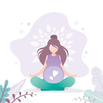 Beauty pregnant woman sitting in lotus yoga pose. Soft prenatal yoga exercises.