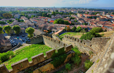 Fototapeta na wymiar View of the area from the wall around the Carcassonne fortification castle on the UNESCO World Heritage List in France