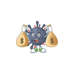 Happy rich coronavirus epidemic mascot design carries money bags