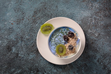 Spirulina. Blue and green.Fresh fruit smoothie bowl. Healthy breakfast vegan concept