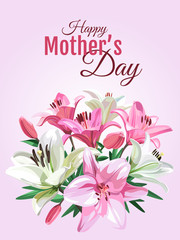 Vertical illustration for holiday - Mother's Day. Bunner with text and pink flowers - Lilium isolated on light pink background.