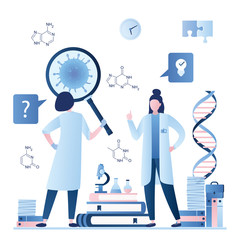 Women scientists study the molecule virus. Medical laboratory invented cure new coronavirus.