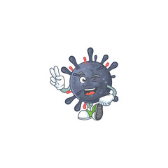 A joyful coronavirus epidemic mascot design showing his two fingers