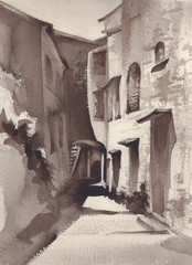 A sketch of city street, sepia color. Watercolor style