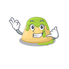 Pudding green tea mascot cartoon design showing Call me gesture