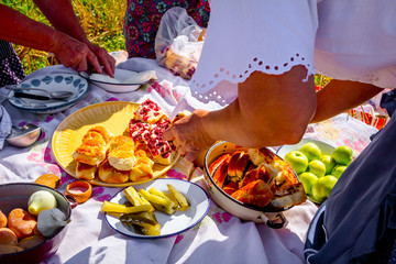 Woman is preparing breakfast in retro style, like old times