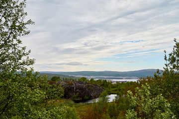 Distant view of the city, houses, port and water of see, lake or river through the trees in the Park with green leaves. Beautiful summer landscape