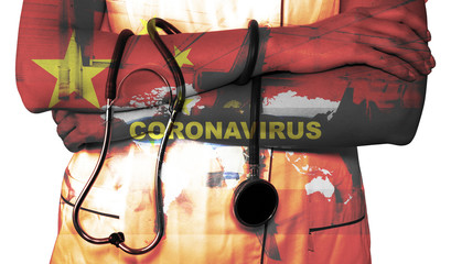 Coronavirus concept. Doctor with a stethoscope in a double exposure with information about coronavirus. Isolated on a white background.