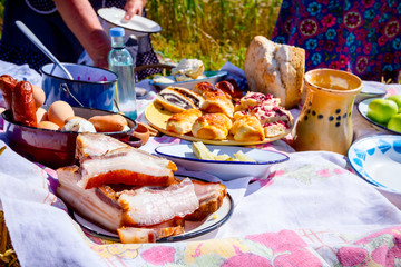 Woman is preparing breakfast in retro style, like old times