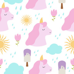 Obraz na płótnie Canvas Cute unicorn seamless pattern flower ice cream cloud sun for children vector illustration