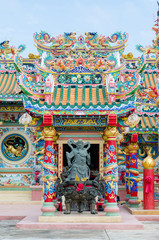 Chinese Shrine Decorate with Colorful Ornament Art on Rooftop and Building.