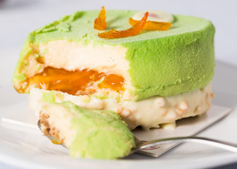 tasty pistachio cake with caramel cream