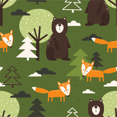 Seamless pattern, bears, foxes, fir trees, trees, hand drawn overlapping backdrop. Colorful background vector. Illustration with animals, forest. Decorative wallpaper, good for printing - 329733960