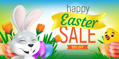 Happy Easter Sale web banner or flier template. Vector discount coupon illustration with cute bunny, chick, tulips and eggs on colorful background. Can be used for greeting card design or voucher